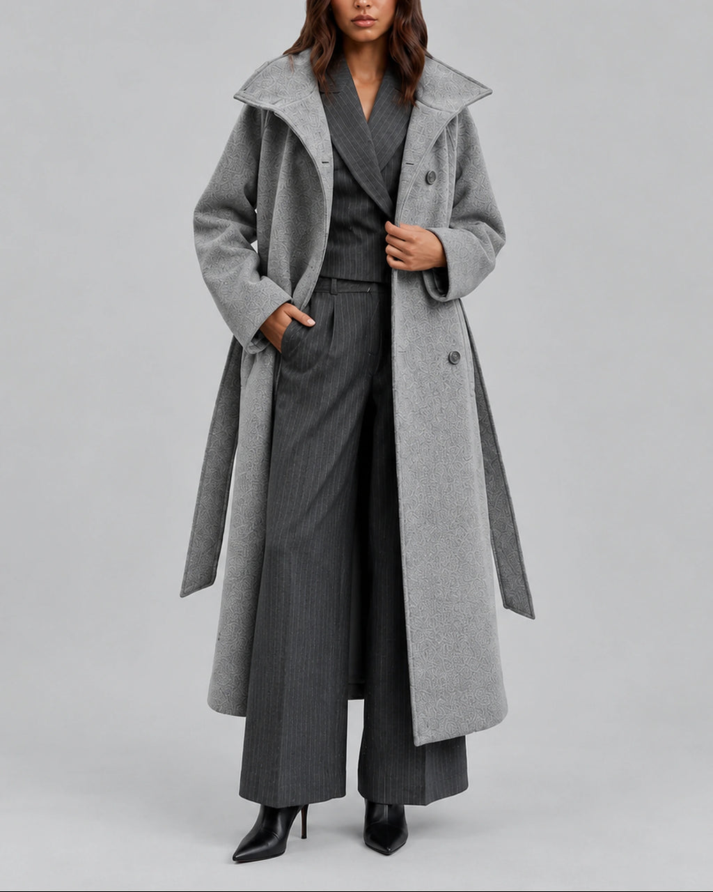 Women's Coat in a Long Belted Wrap Style with Wide Collar and Side Pockets – Sofia