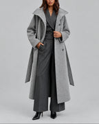 Women's Coat in a Long Belted Wrap Style with Wide Collar and Side Pockets – Sofia