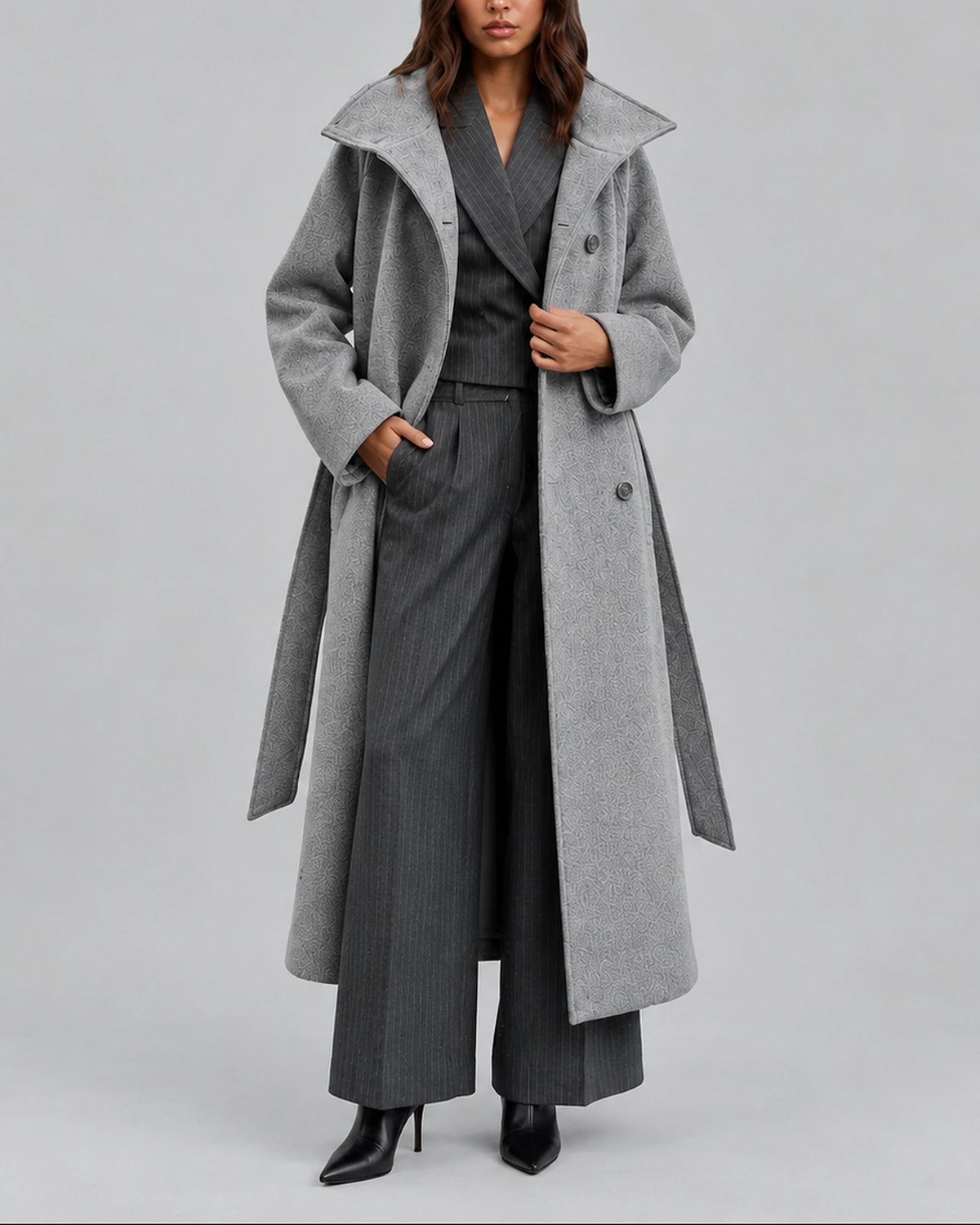 Women's Coat in a Long Belted Wrap Style with Wide Collar and Side Pockets – Sofia