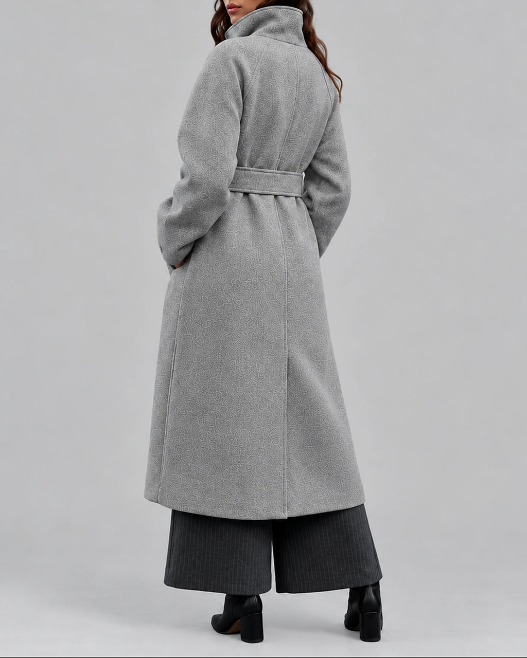 Women's Coat in a Long Belted Wrap Style with Wide Collar and Side Pockets – Sofia