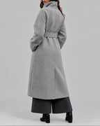 Women's Coat in a Long Belted Wrap Style with Wide Collar and Side Pockets – Sofia