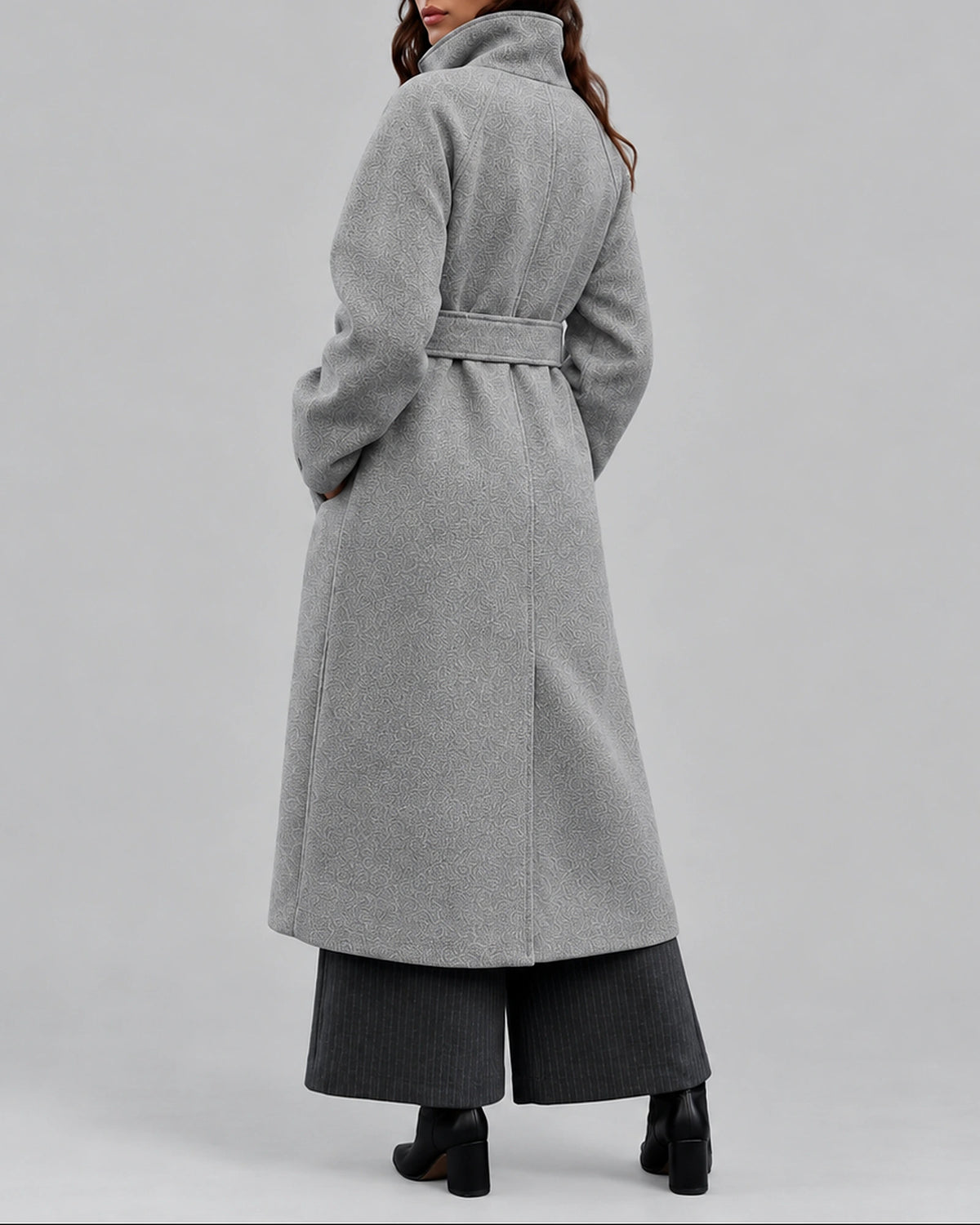 Women's Coat in a Long Belted Wrap Style with Wide Collar and Side Pockets – Sofia