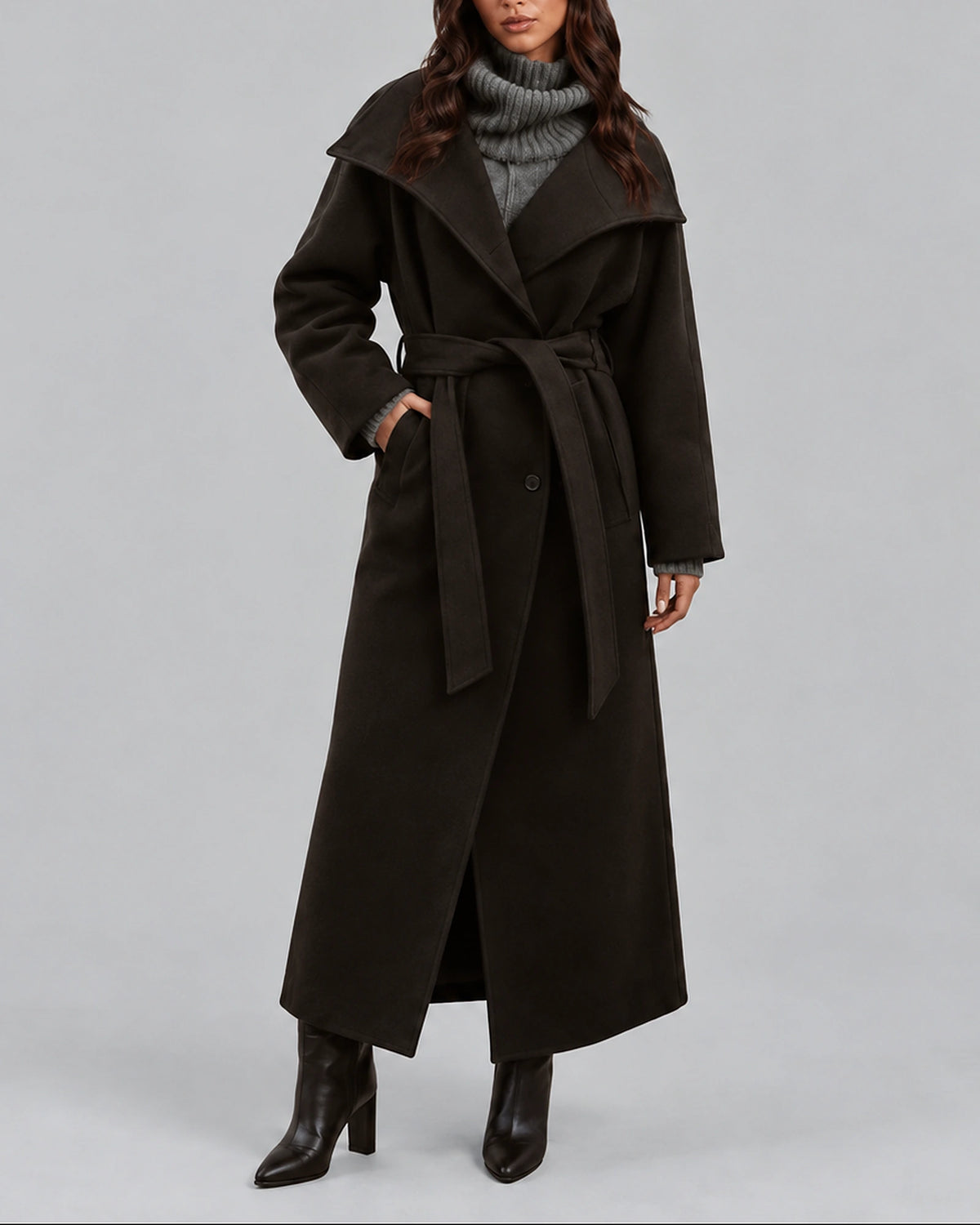 Women's Coat in a Long Belted Wrap Style with Wide Collar and Side Pockets – Sofia
