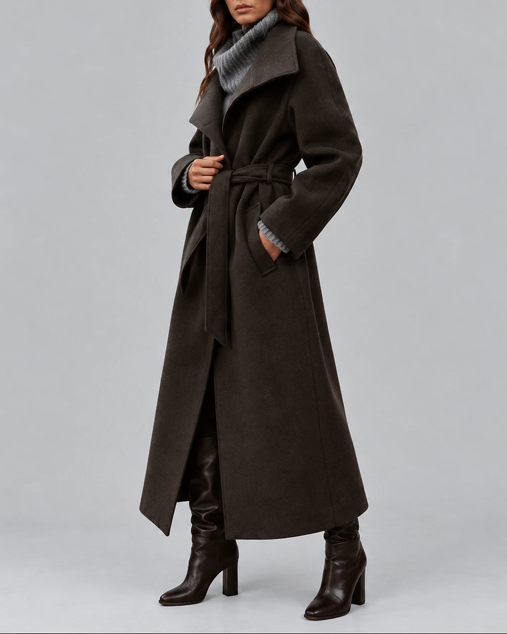 Women's Coat in a Long Belted Wrap Style with Wide Collar and Side Pockets – Sofia
