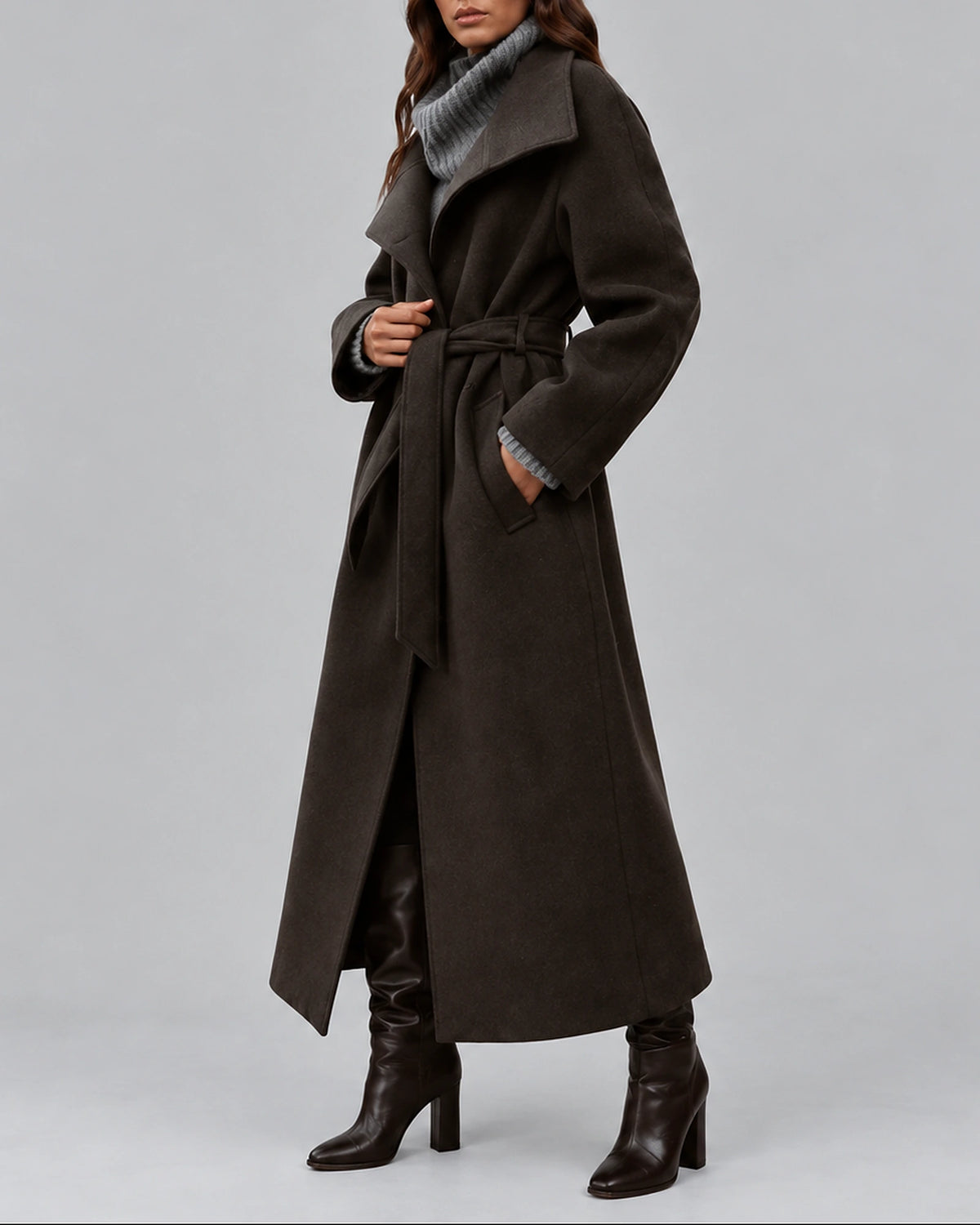 Women's Coat in a Long Belted Wrap Style with Wide Collar and Side Pockets – Sofia