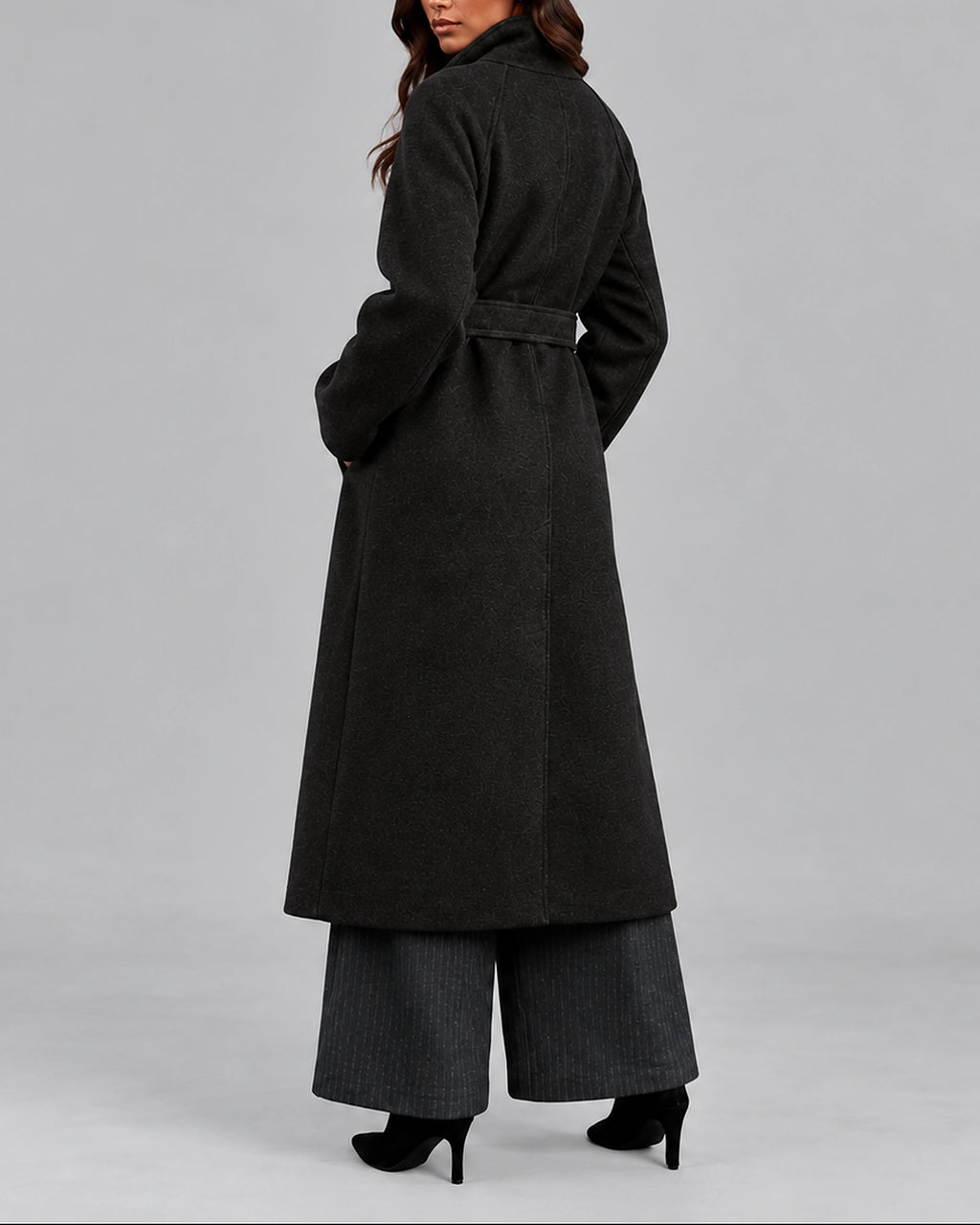 Women's Coat in a Long Belted Wrap Style with Wide Collar and Side Pockets – Sofia