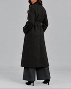 Women's Coat in a Long Belted Wrap Style with Wide Collar and Side Pockets – Sofia