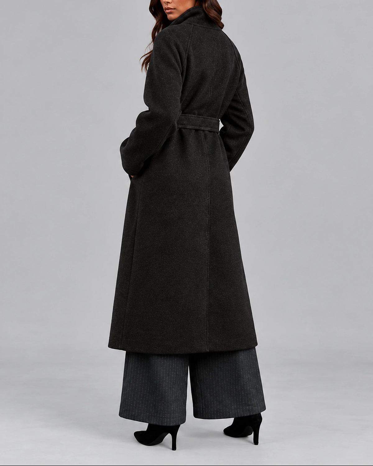 Women's Coat in a Long Belted Wrap Style with Wide Collar and Side Pockets – Sofia