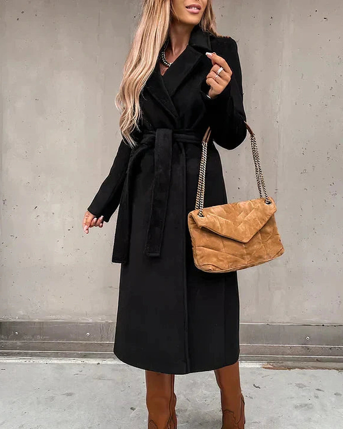 Women's Belted Wrap Coat with Wide Notch Collar, Longline Fit – Dora Rose