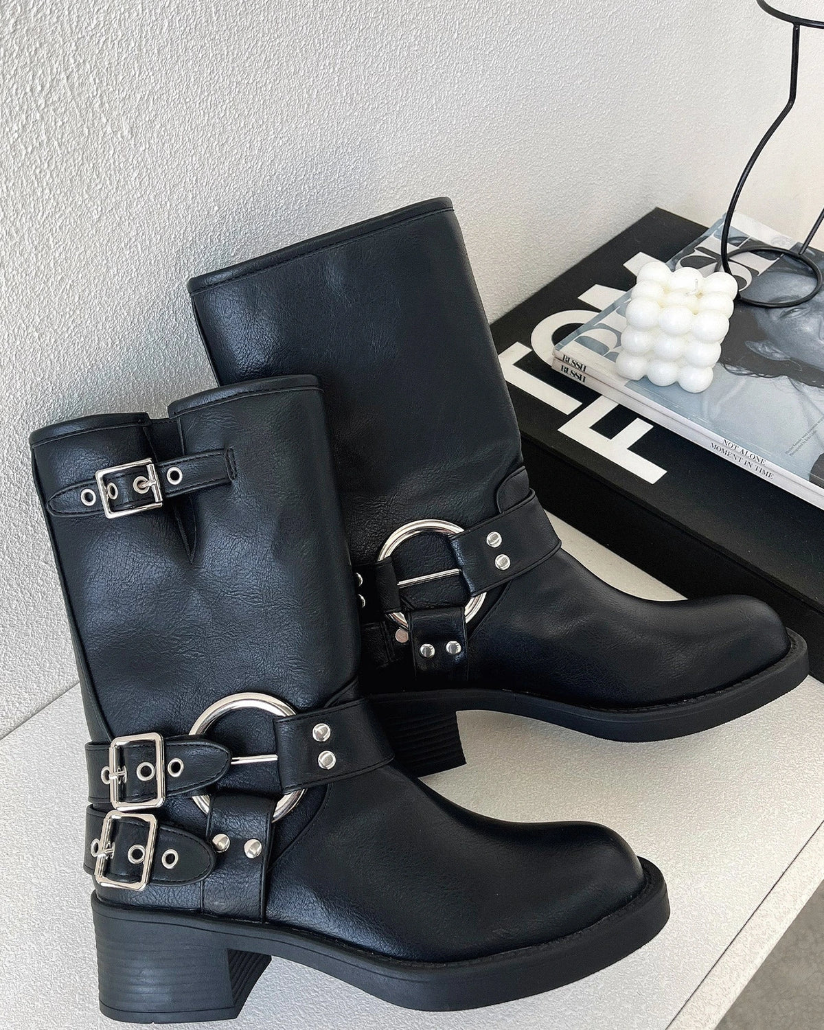Women's Buckle Harness Mid-Calf Biker Boots with Stud Detail – Darcy Lou