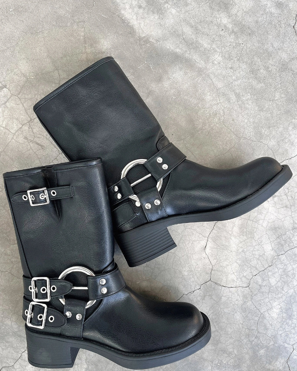 Women's Buckle Harness Mid-Calf Biker Boots with Stud Detail – Darcy Lou
