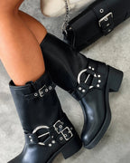 Women's Buckle Harness Mid-Calf Biker Boots with Stud Detail – Darcy Lou