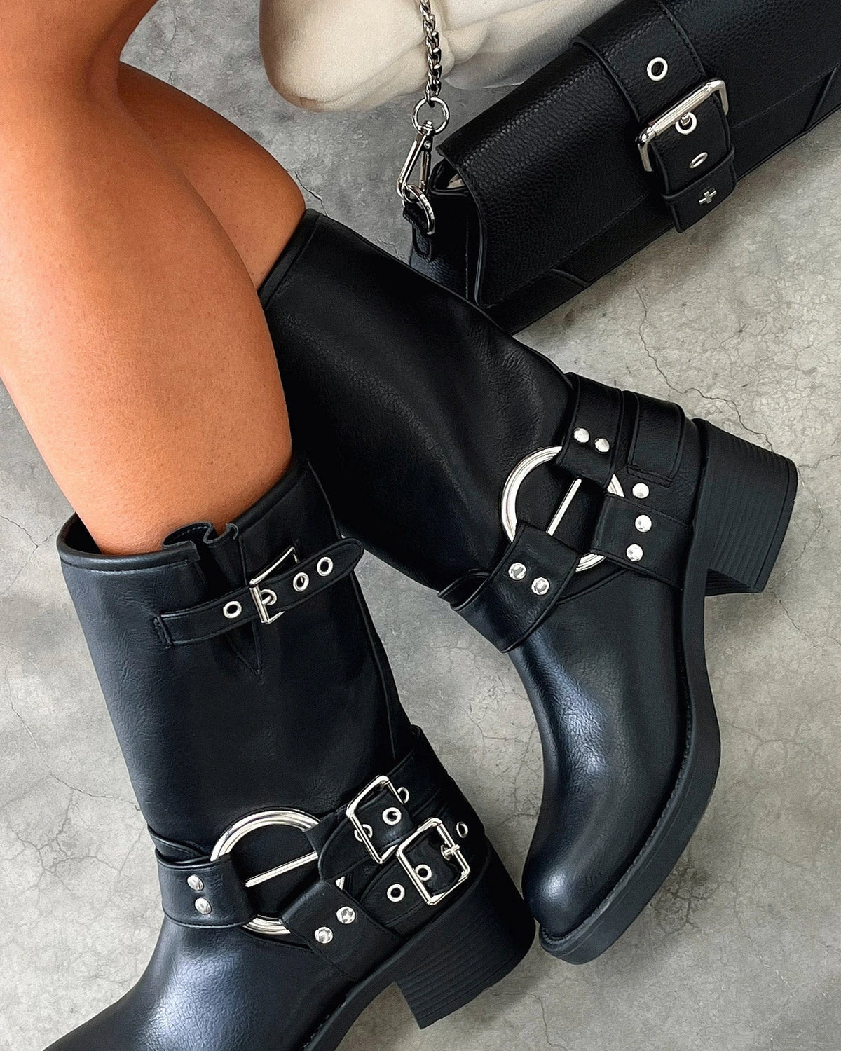 Women's Buckle Harness Mid-Calf Biker Boots with Stud Detail – Darcy Lou