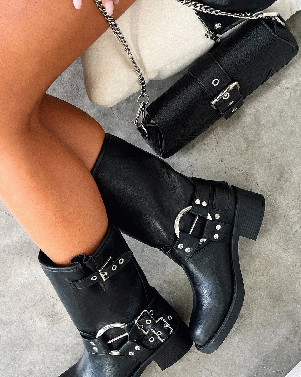 Women's Buckle Harness Mid-Calf Biker Boots with Stud Detail – Darcy Lou
