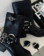 Women's Buckle Harness Mid-Calf Biker Boots with Stud Detail – Darcy Lou