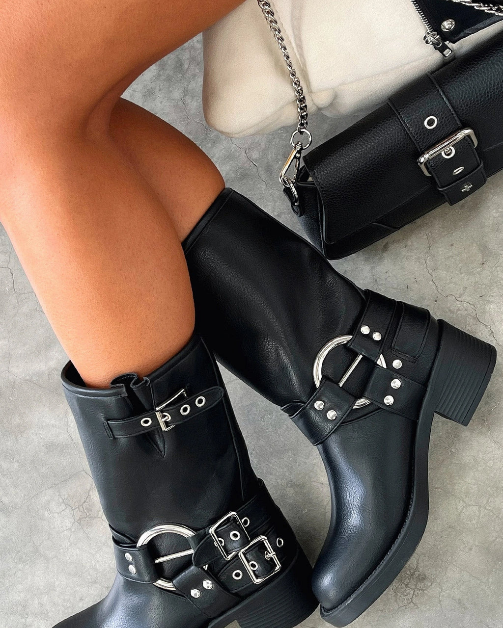 Women's Buckle Harness Mid-Calf Biker Boots with Stud Detail – Darcy Lou
