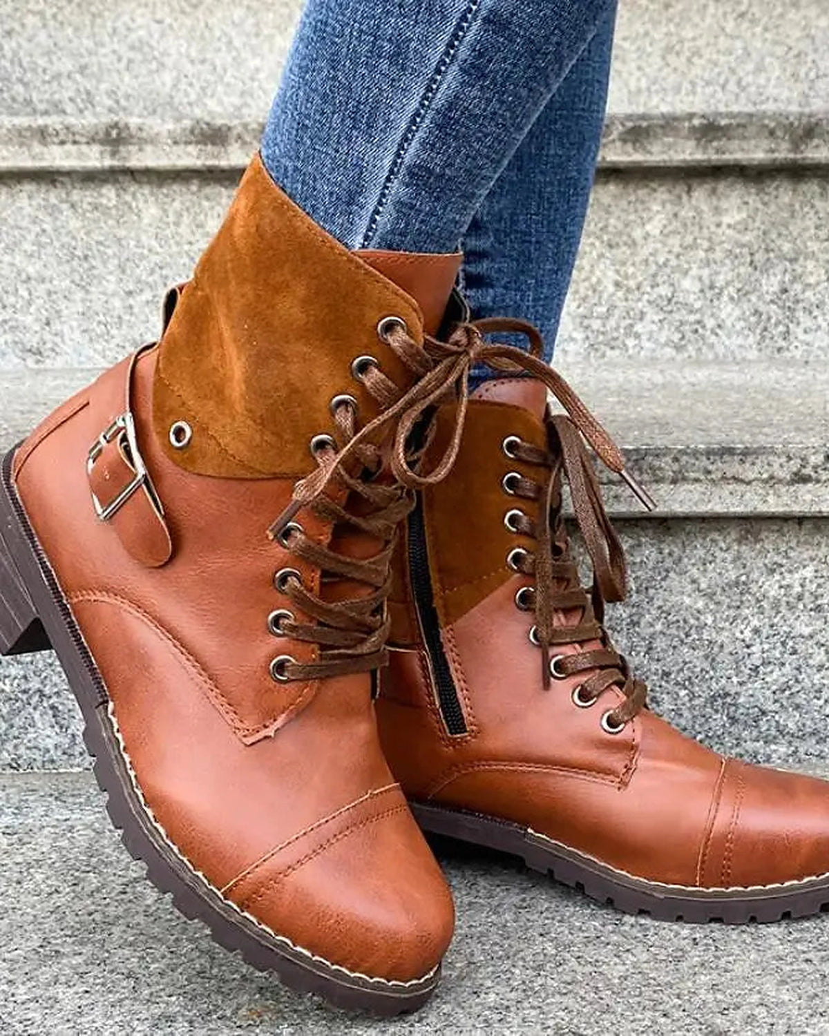 Women's Buckle Strap Lace-Up Combat Boots with Contrast Suede Collar – Frankie Mae