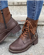 Women's Buckle Strap Lace-Up Combat Boots with Contrast Suede Collar – Frankie Mae