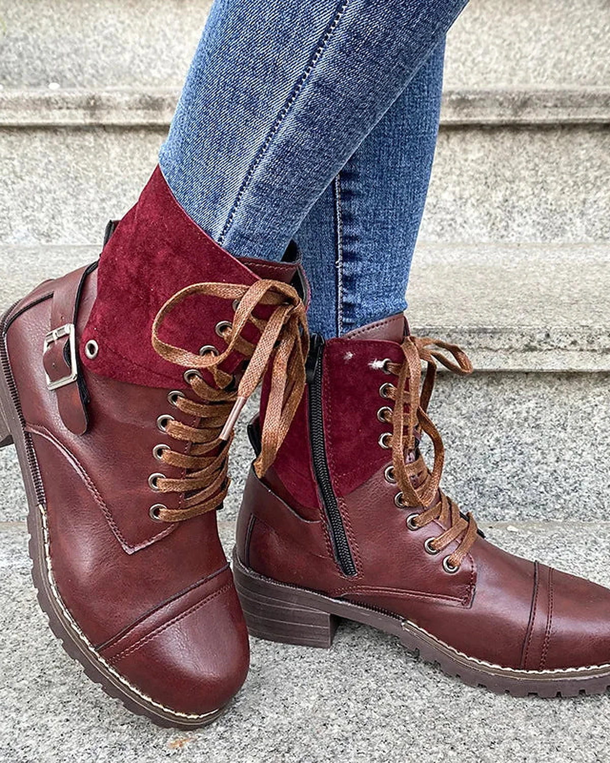 Women's Buckle Strap Lace-Up Combat Boots with Contrast Suede Collar – Frankie Mae