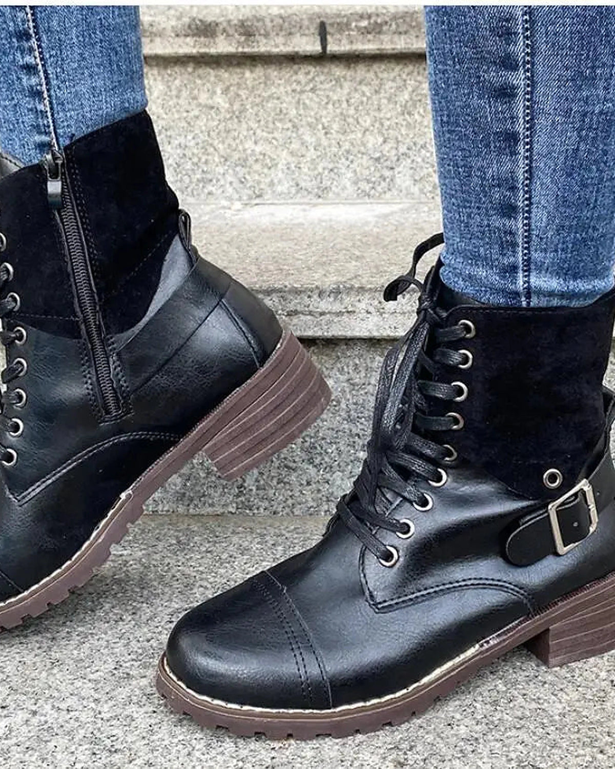 Women's Buckle Strap Lace-Up Combat Boots with Contrast Suede Collar – Frankie Mae