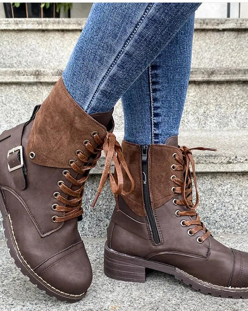 Women's Buckle Strap Lace-Up Combat Boots with Contrast Suede Collar – Frankie Mae