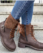 Women's Buckle Strap Lace-Up Combat Boots with Contrast Suede Collar – Frankie Mae