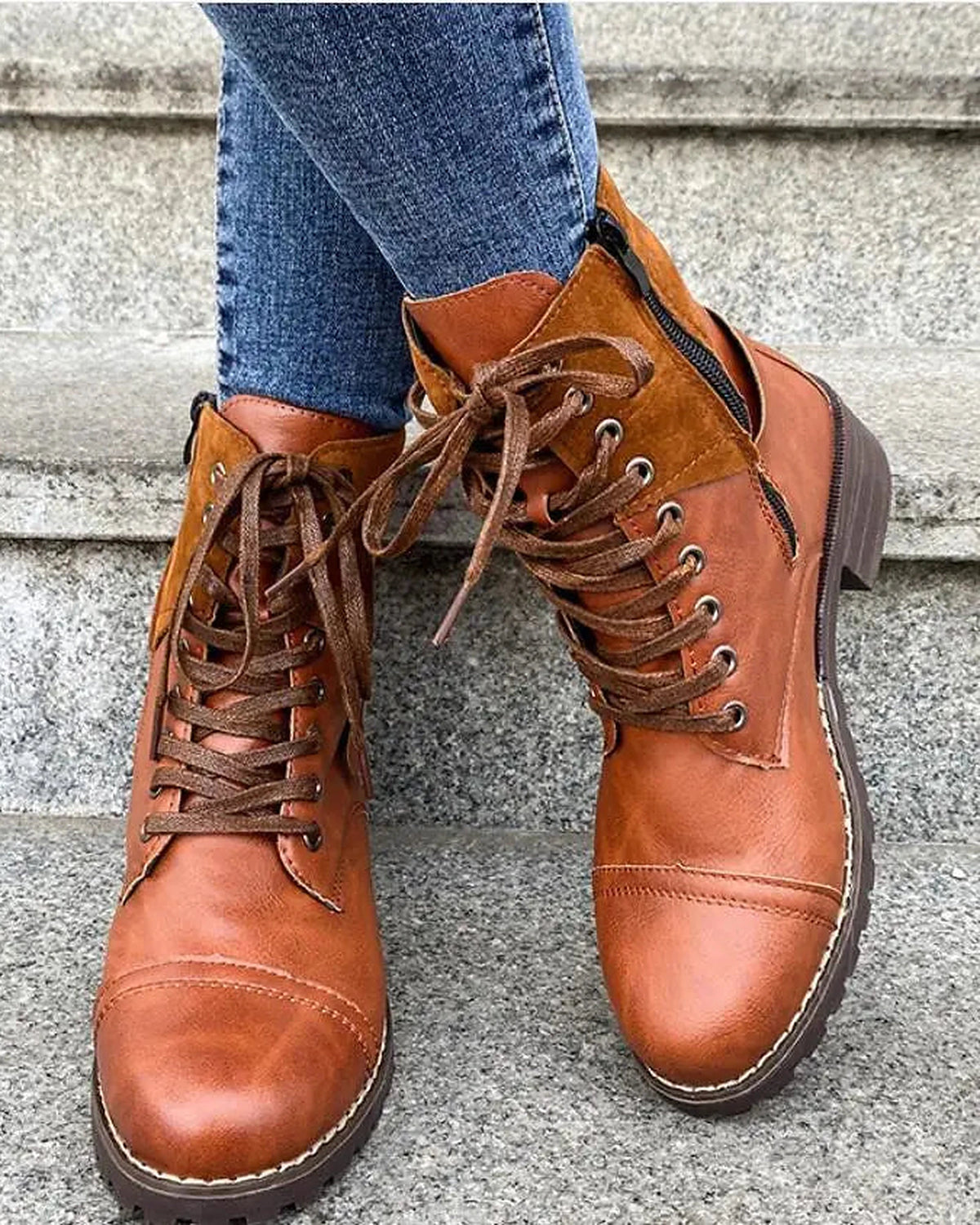 Women's Buckle Strap Lace-Up Combat Boots with Contrast Suede Collar – Frankie Mae