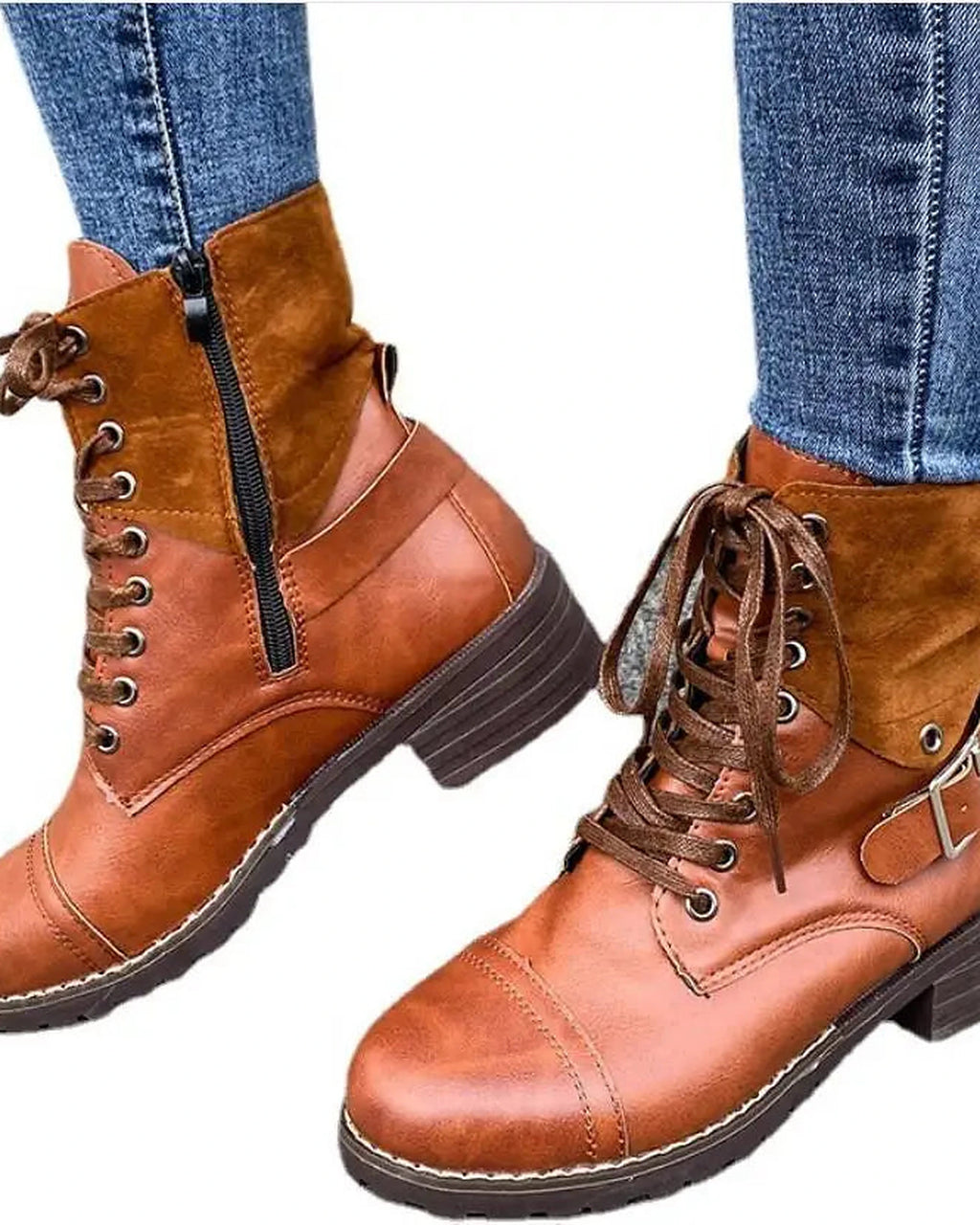 Women's Buckle Strap Lace-Up Combat Boots with Contrast Suede Collar – Frankie Mae