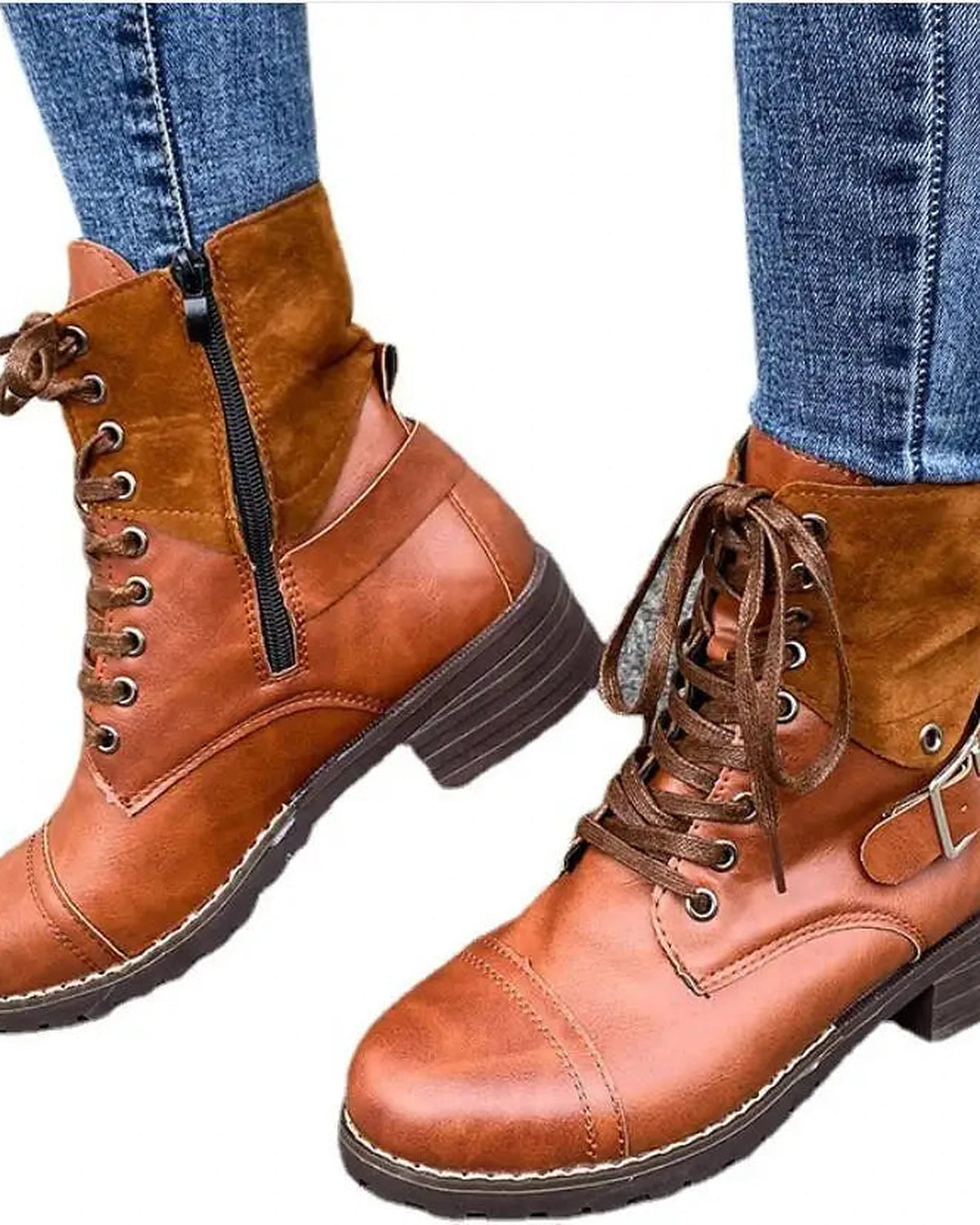 Women's Buckle Strap Lace-Up Combat Boots with Contrast Suede Collar – Frankie Mae