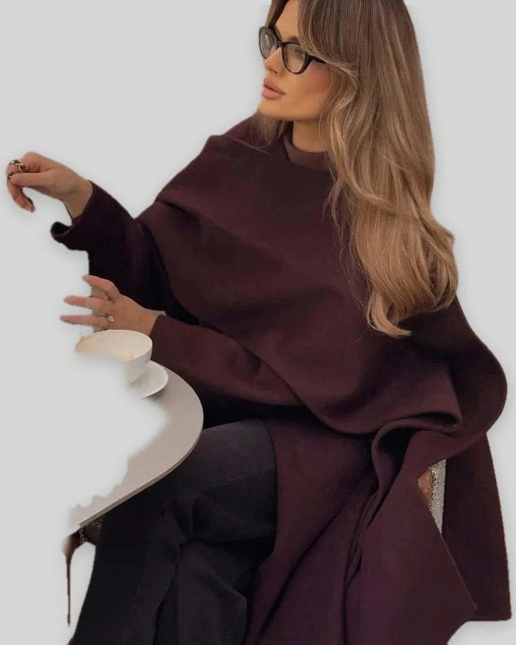 Women's Winter Wool Coat with Hood, Burgundy Coat in Belted Wrap Style