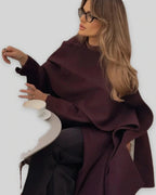 Women's Winter Wool Coat with Hood, Burgundy Coat in Belted Wrap Style