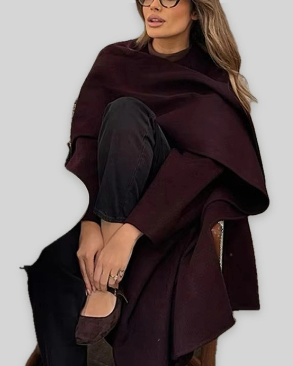 Women's Winter Wool Coat with Hood, Burgundy Coat in Belted Wrap Style