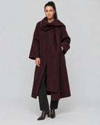 Women's Winter Wool Coat with Hood, Burgundy Coat in Belted Wrap Style