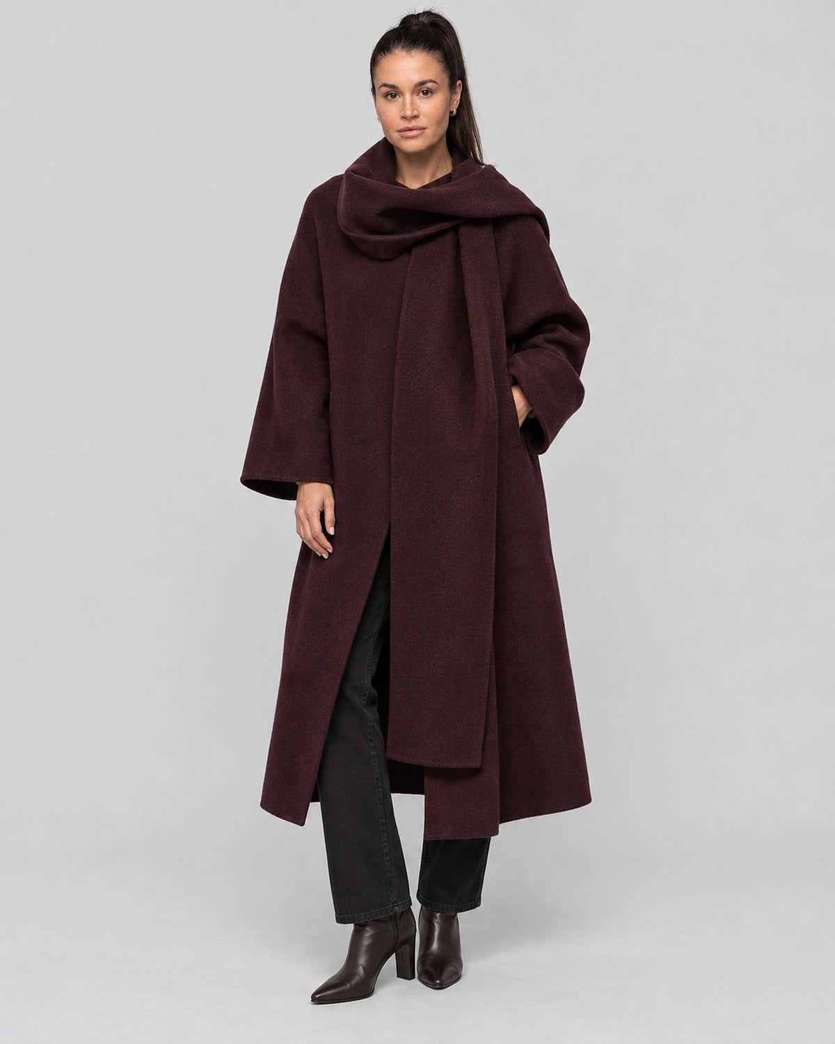 Women's Winter Wool Coat with Hood, Burgundy Coat in Belted Wrap Style