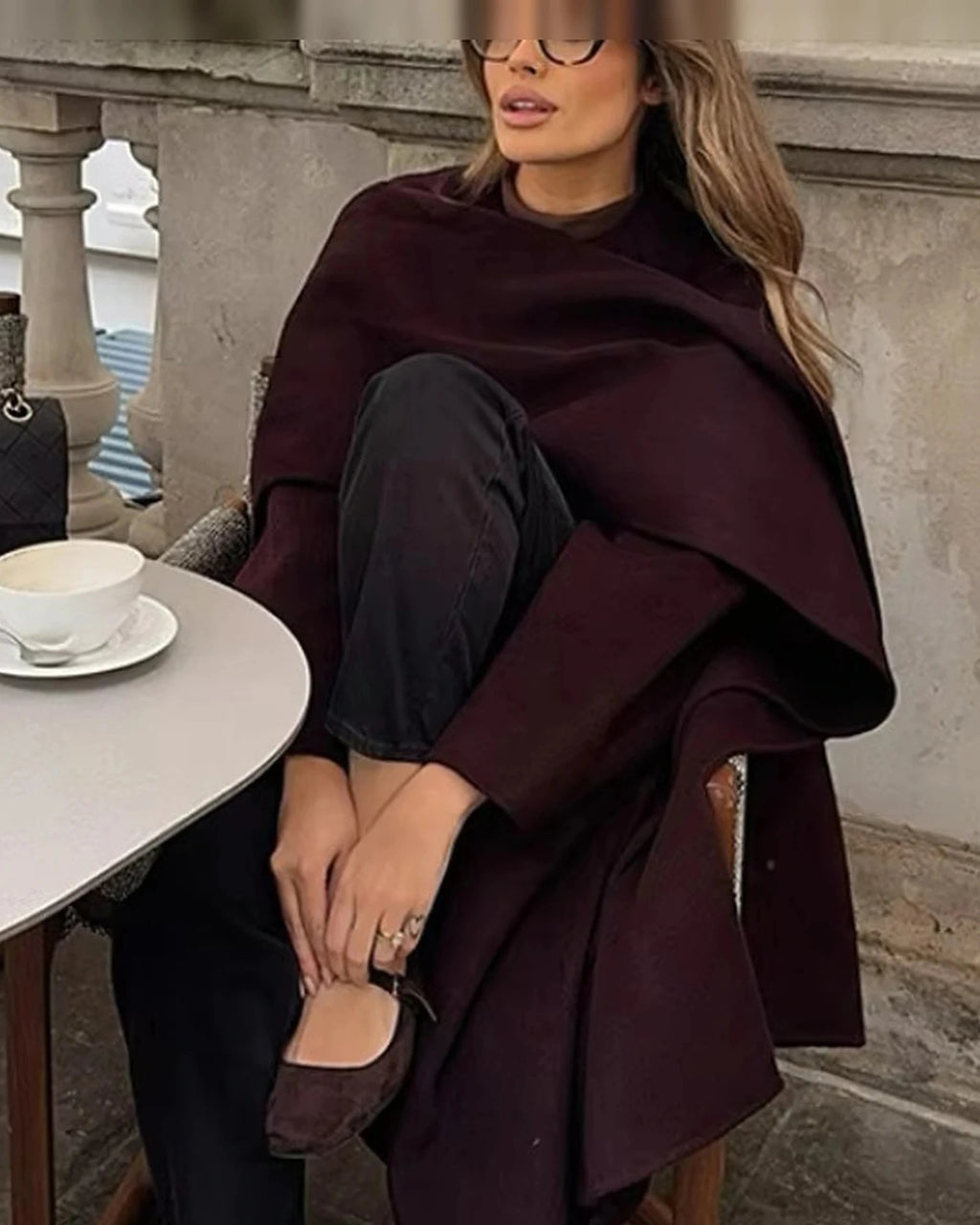 Women's Winter Wool Coat with Hood, Burgundy Coat in Belted Wrap Style