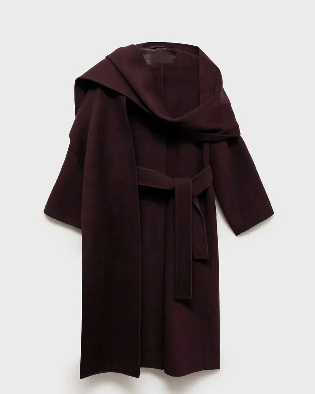 Women's Winter Wool Coat with Hood, Burgundy Coat in Belted Wrap Style