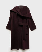 Women's Winter Wool Coat with Hood, Burgundy Coat in Belted Wrap Style