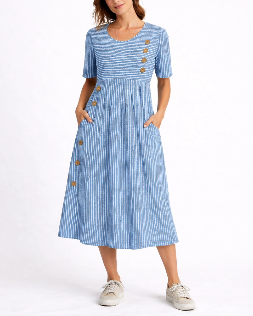 Women's Striped Casual Midi Dress for Women with Button Trim and Side Pockets – Stella Belle