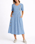Women's Striped Casual Midi Dress for Women with Button Trim and Side Pockets – Stella Belle