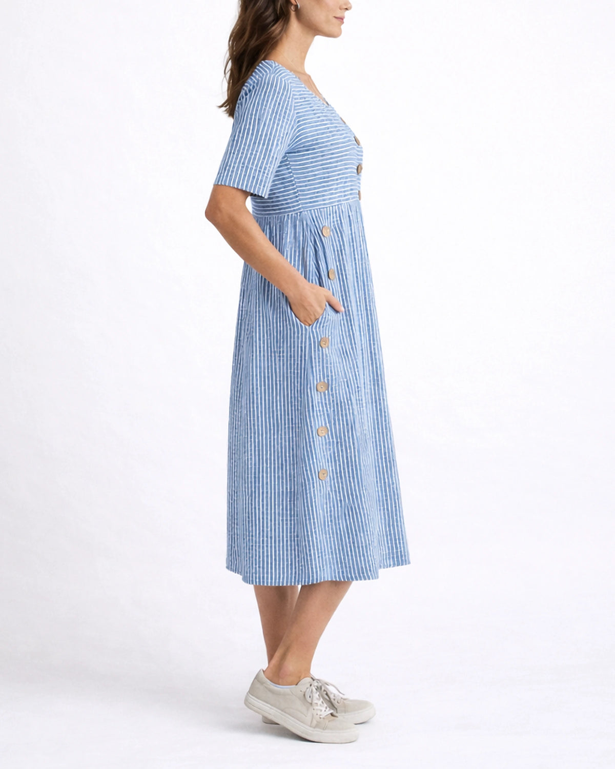 Women's Striped Casual Midi Dress for Women with Button Trim and Side Pockets – Stella Belle