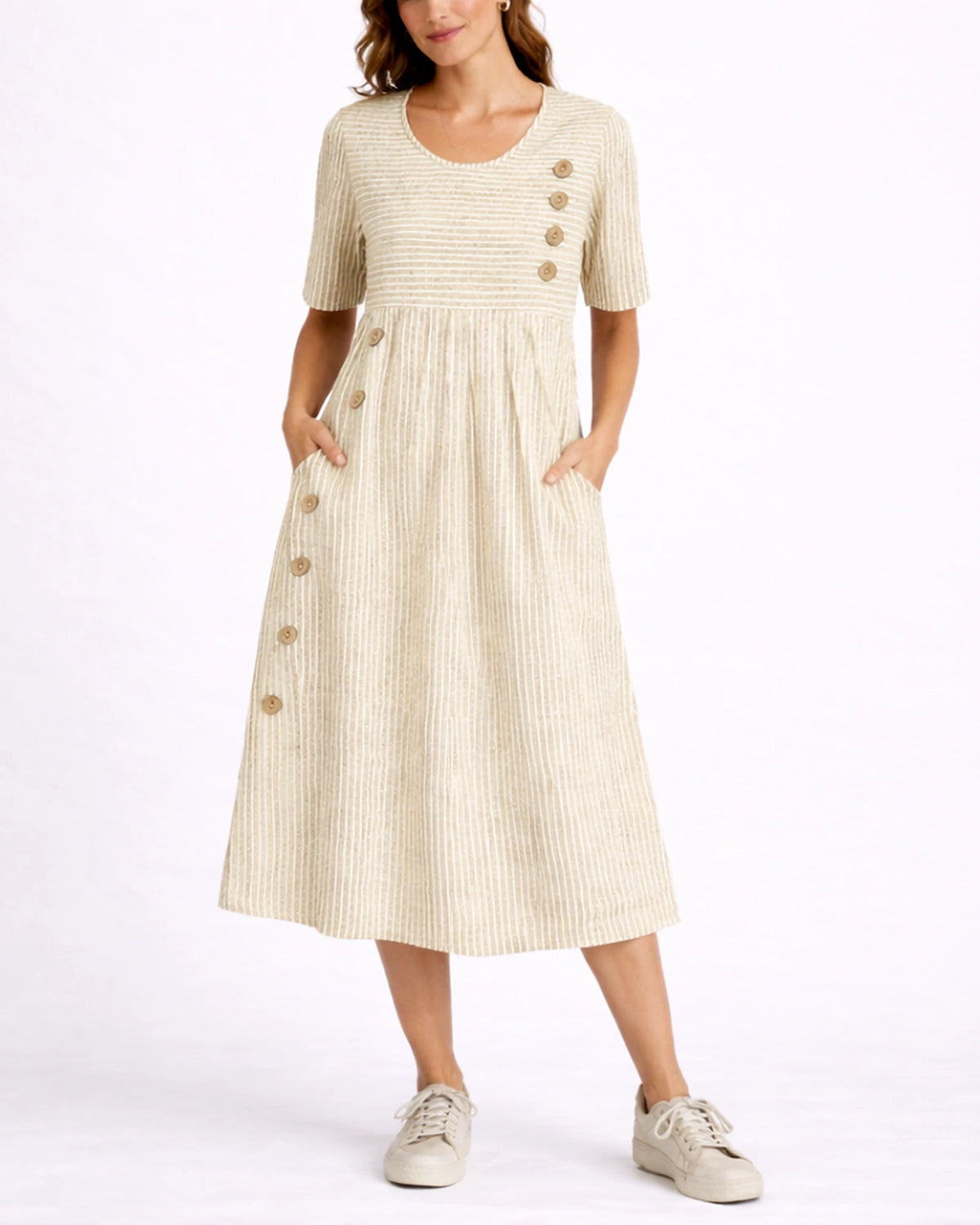 Women's Striped Casual Midi Dress for Women with Button Trim and Side Pockets – Stella Belle