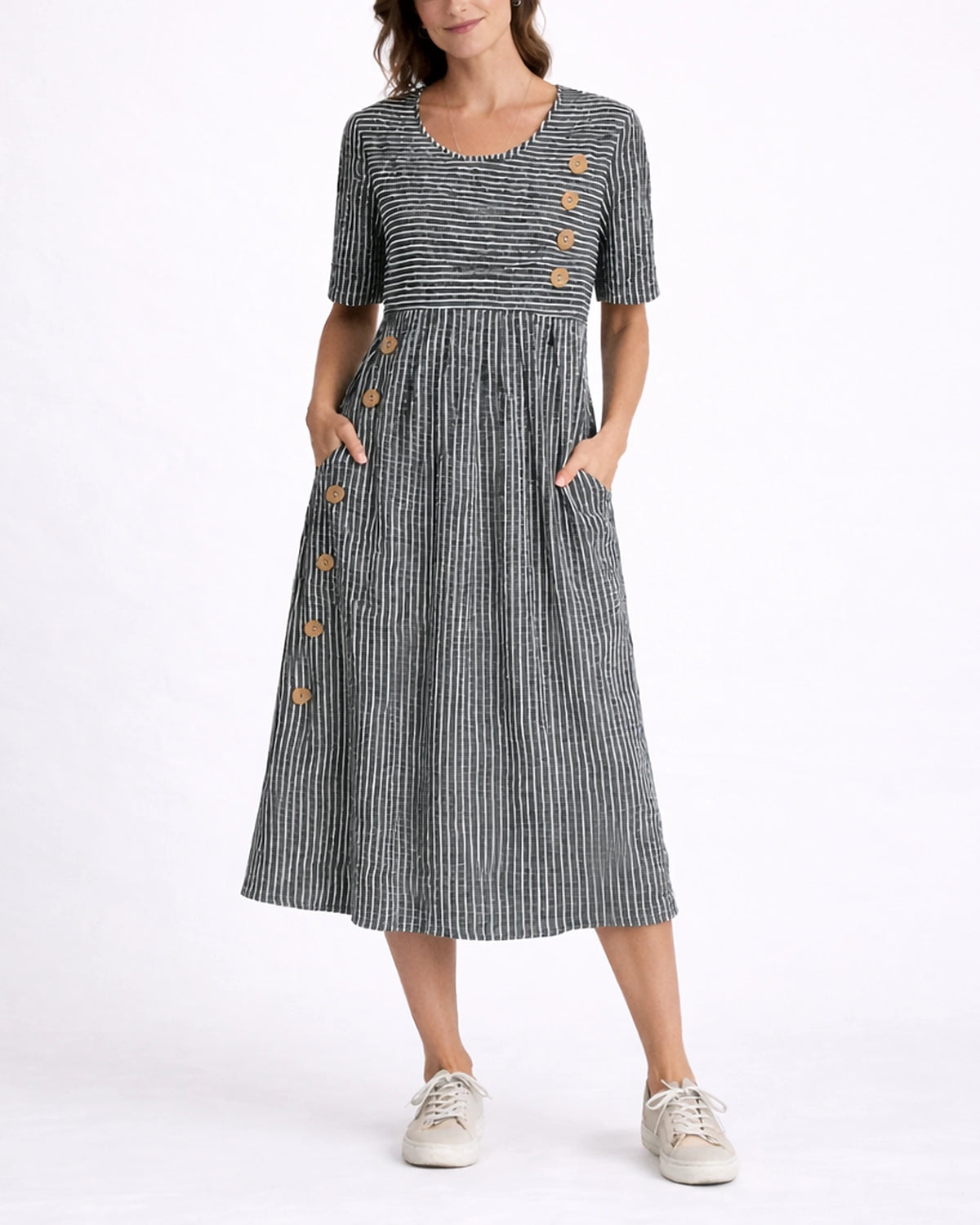 Women's Striped Casual Midi Dress for Women with Button Trim and Side Pockets – Stella Belle