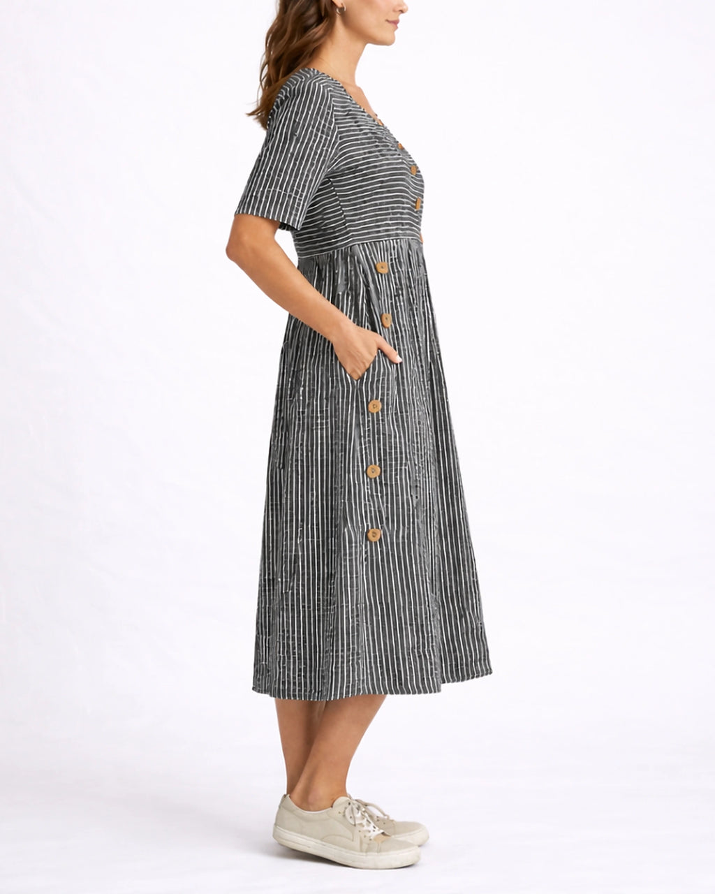 Women's Striped Casual Midi Dress for Women with Button Trim and Side Pockets – Stella Belle