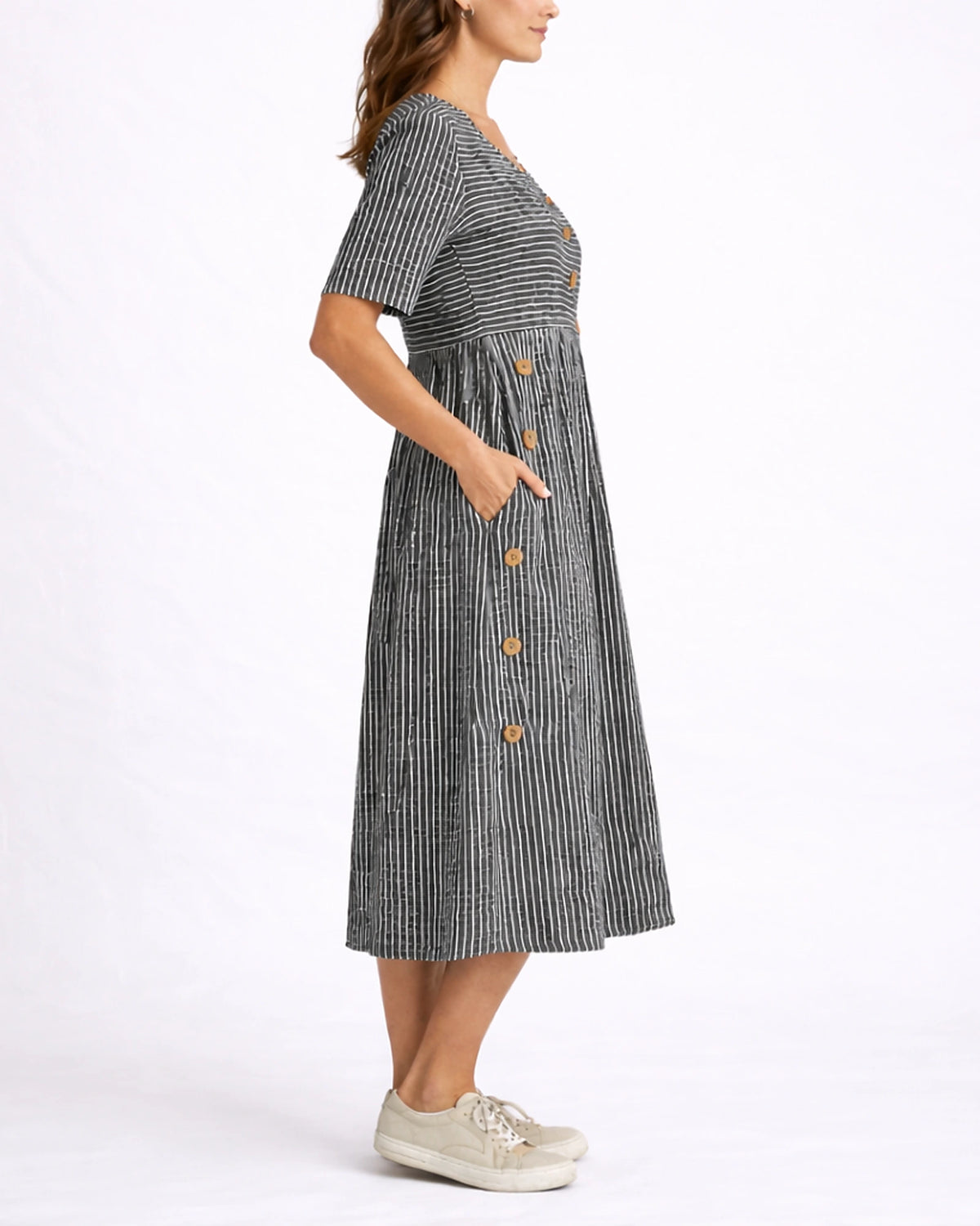 Women's Striped Casual Midi Dress for Women with Button Trim and Side Pockets – Stella Belle