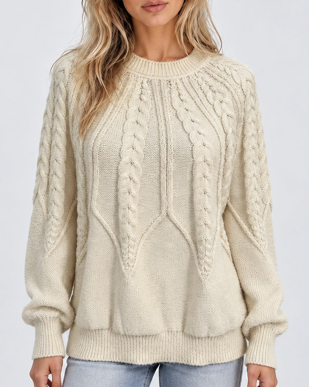 Women's Cable Knit Jumper with Crew Neck, Balloon Sleeves and Ribbed Cuffs – Sienna