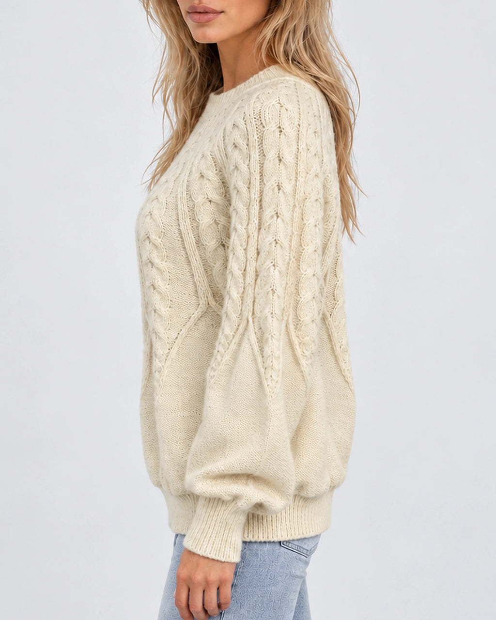 Women's Cable Knit Jumper with Crew Neck, Balloon Sleeves and Ribbed Cuffs – Sienna