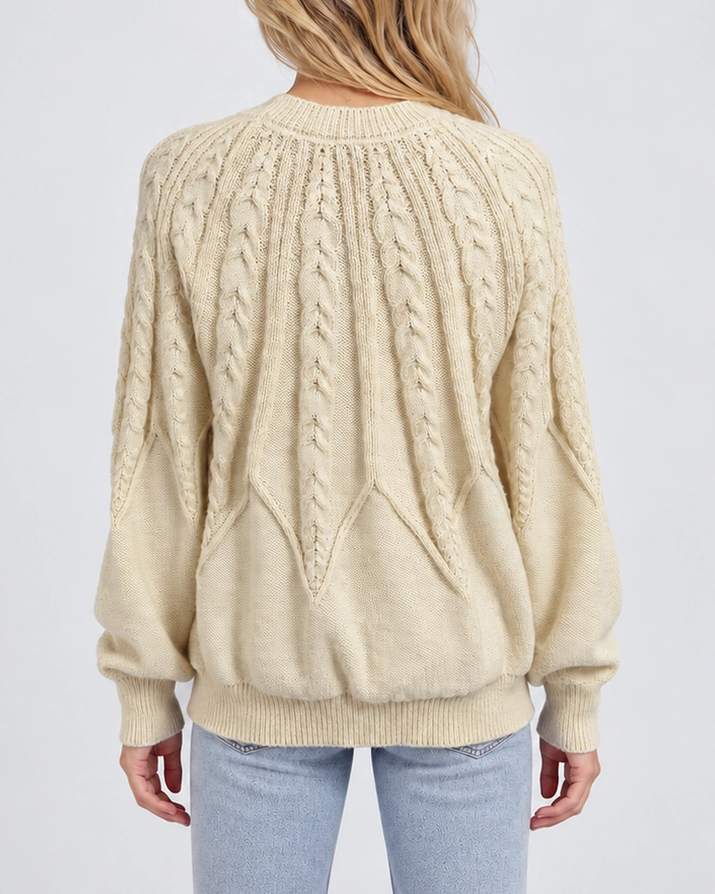 Women's Cable Knit Jumper with Crew Neck, Balloon Sleeves and Ribbed Cuffs – Sienna