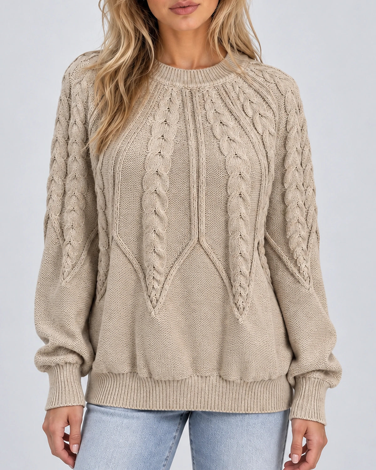 Women's Cable Knit Jumper with Crew Neck, Balloon Sleeves and Ribbed Cuffs – Sienna