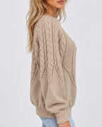Women's Cable Knit Jumper with Crew Neck, Balloon Sleeves and Ribbed Cuffs – Sienna