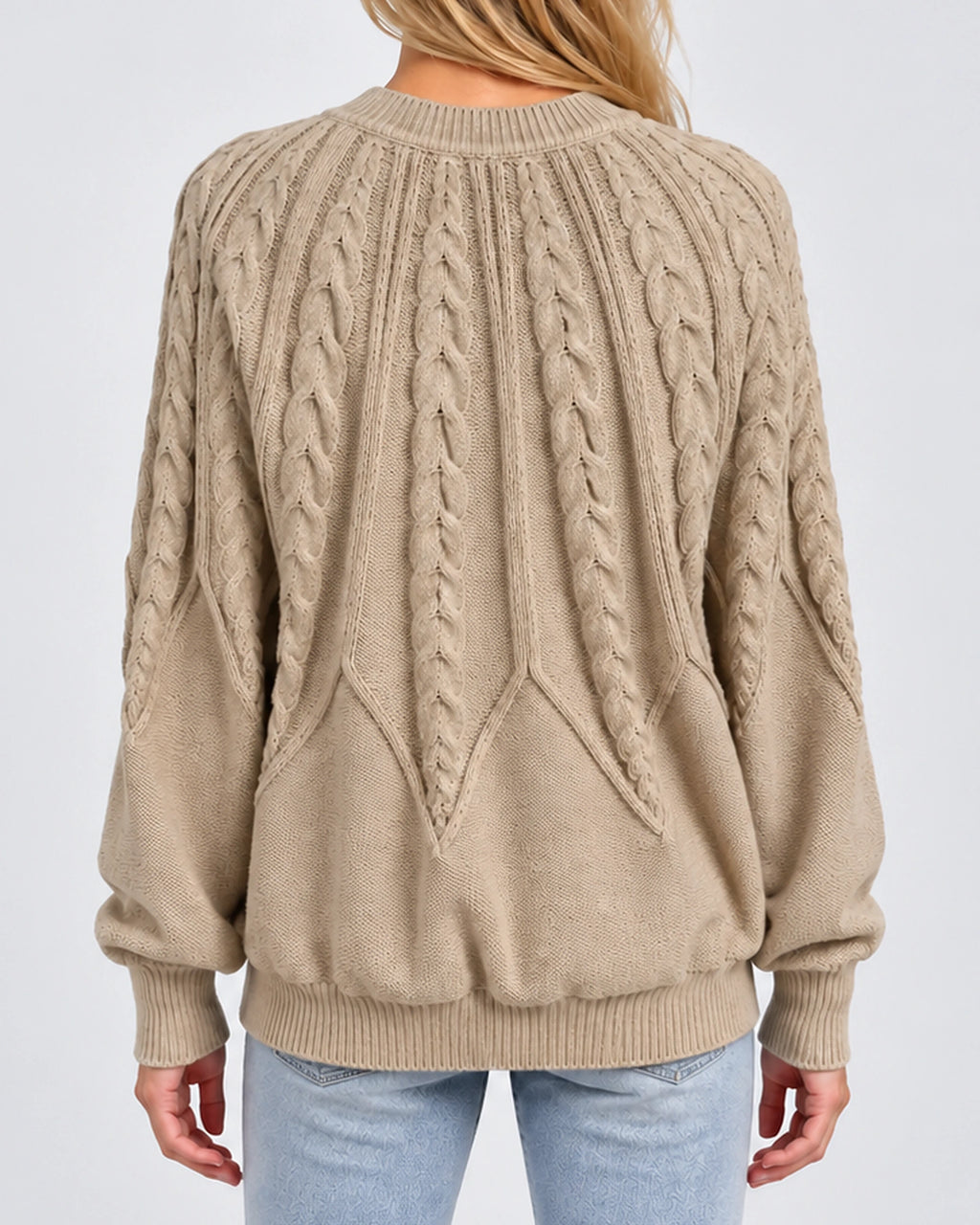 Women's Cable Knit Jumper with Crew Neck, Balloon Sleeves and Ribbed Cuffs – Sienna